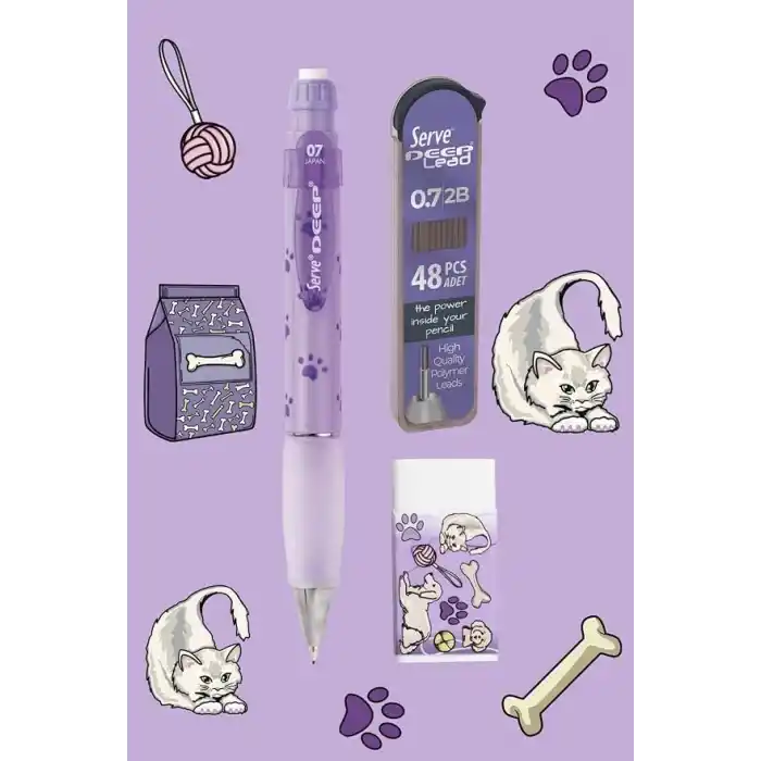 Serve Doğa Desenli Deep Kalem, Deep Silgi ve Deep Min, 0.7 mm, Lavanta