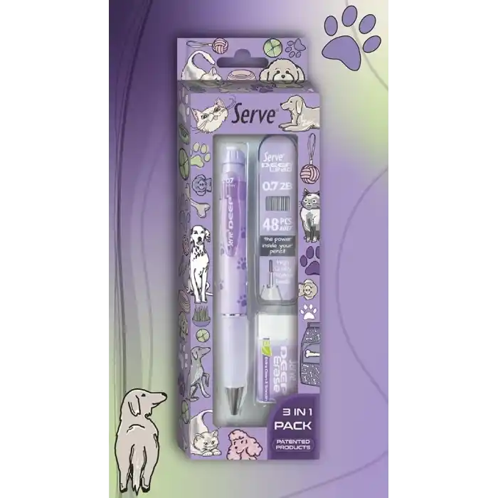 Serve Doğa Desenli Deep Kalem, Deep Silgi ve Deep Min, 0.7 mm, Lavanta