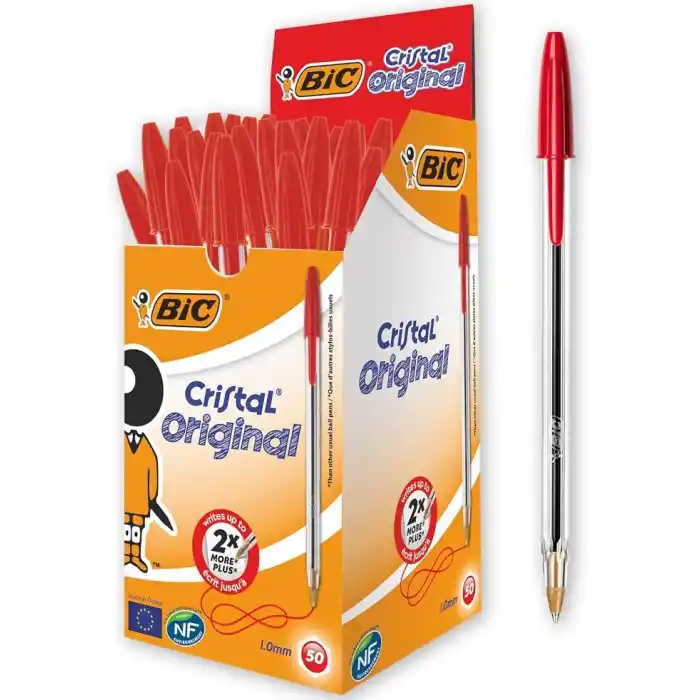 BIC Cristal Medium Tükenmez Kalem Kırmızı 50li Kutu, 1.0 mm Orta Kalınlıkta Uç, Şeffaf Gövde, Delikli Kapak