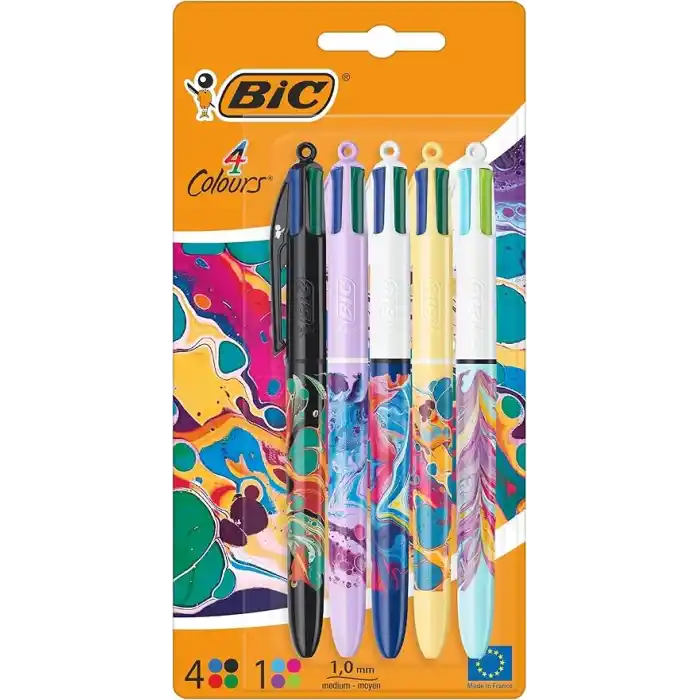 BIC 4 renkli tükenmez kalem, dekor hidro paket, 5 adet, ofis, ev ofis veya okul için uygundur