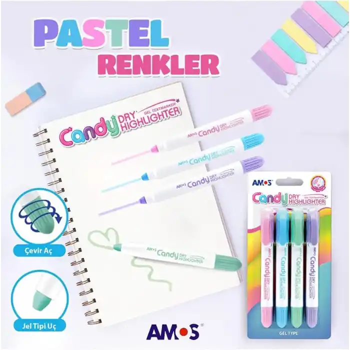 AMOS Kalem Pastel Jel Dry 4 Renkli Set, Çok Renkli