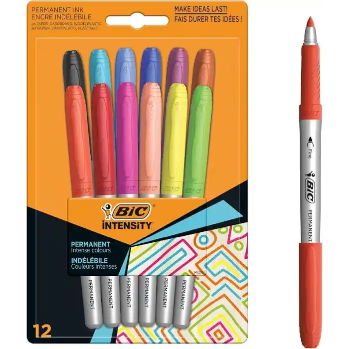 BIC Intensity Marking Colour Permanent Kalıcı Markör, 12li Blister, 12 Canlı Renk, Kapağı 1 Ay Açık Kalsa da Kurumayan Mürekkep