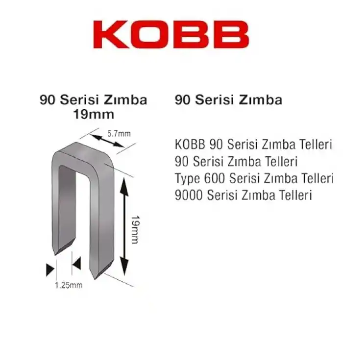KOBB KBZ9019 19mm 2500 Adet 90 Serisi Ağır Hizmet Tipi Zımba Teli, Gri