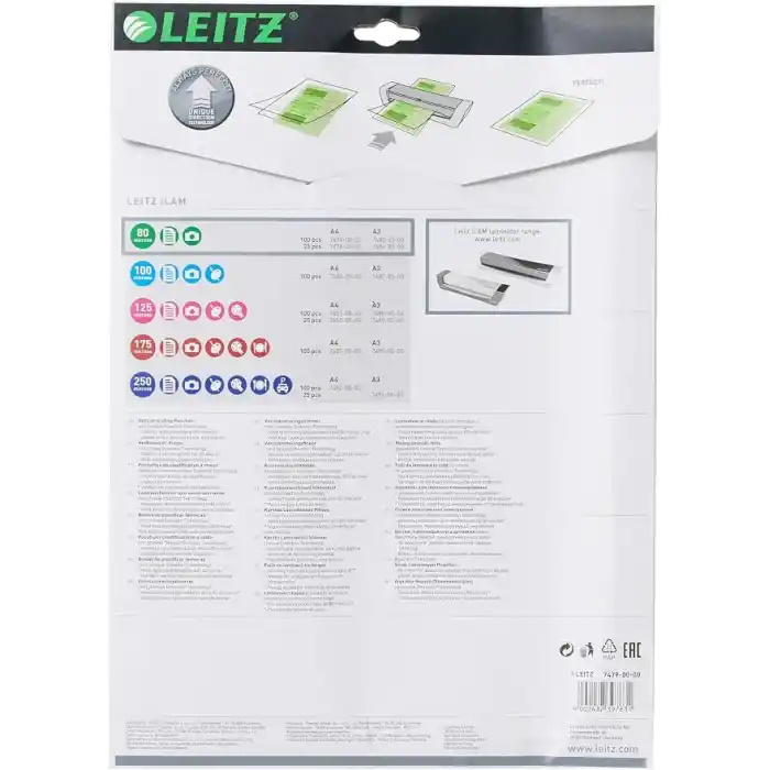 Leitz UDT Laminasyon Poşeti, A4, 80 mikron, 25 adet, Şeffaf