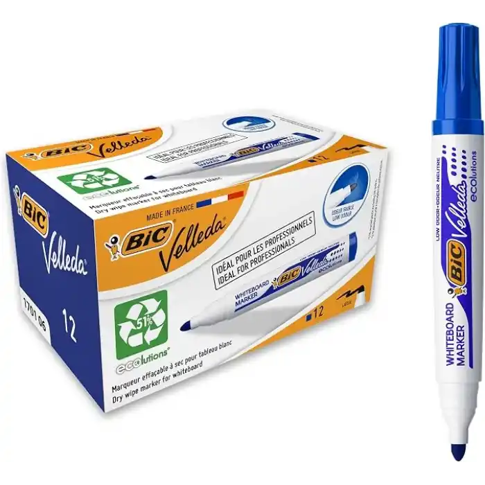 BIC Velleda 1701 Eco Yuvarlak Uçlu Beyaz Tahta Kalemi, Mavi, 12li Kutu, Kolay Silinebilen Mürekkep, Sabit Yuvarlak Uç