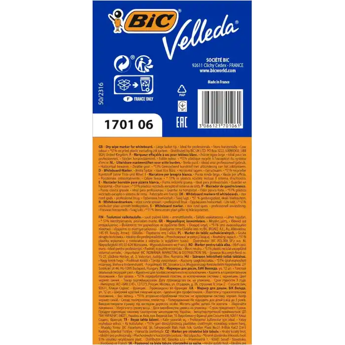 BIC Velleda 1701 Eco Yuvarlak Uçlu Beyaz Tahta Kalemi, Mavi, 12li Kutu, Kolay Silinebilen Mürekkep, Sabit Yuvarlak Uç