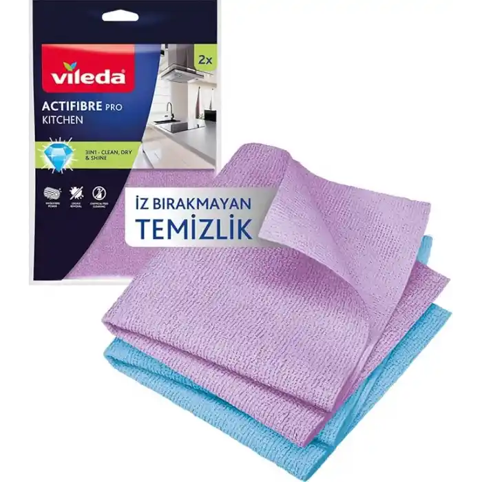 Vileda Actifibre Pro Kitchen Mikrofiber Bez, PVA Kaplama, İz Bırakmayan Tasarım