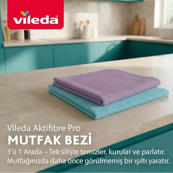 Vileda Actifibre Pro Kitchen Mikrofiber Bez, PVA Kaplama, İz Bırakmayan Tasarım