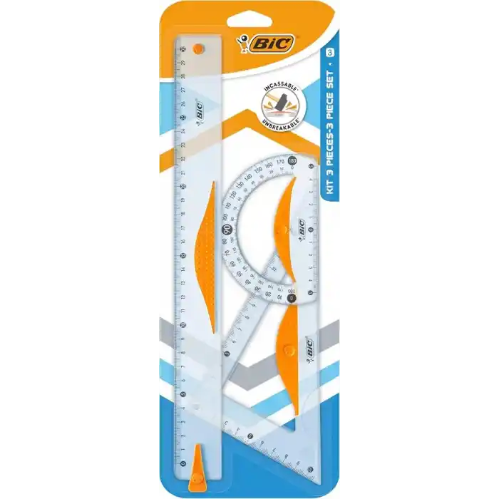 BIC Çizim ve Geometri Seti, 1 Adet Cetvel 1 Adet Gönye ve 1 Adet Açıölçer, Şeffaf Plastik, Kaymaz Tutma Kısımları