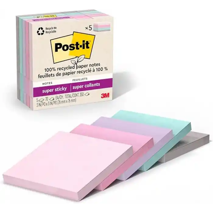 Post-it%100 Geri Dönüşümlü Kağıt Süper Yapışkan Notlar, 2X Yapıştırma Gücü, 3x3 inç, 5 Ped, 70 Yaprak/Ped, Wanderlust Pastel Koleksiyonu (654R-5SSNRP)