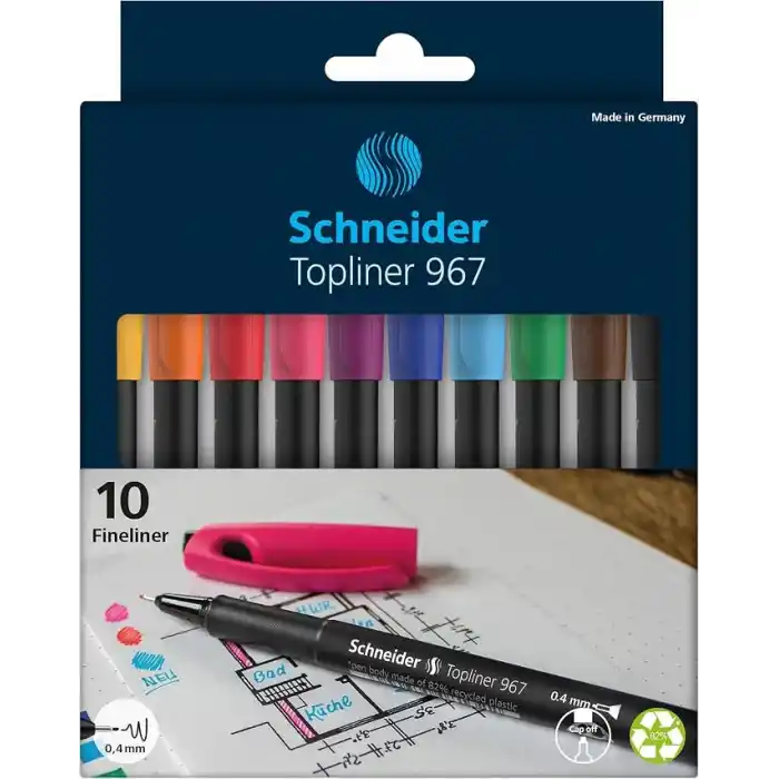 Schneider Topliner 967 Fineliner (çizgi kalınlığı 0,4 mm) 10lu kutu çeşitli