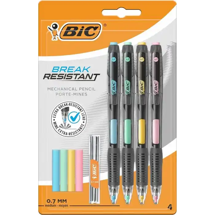 BIC Break Resistance 0.7mm Uçlu Kalem, 4lü Blister Versatil Kalem, 4 Adet Silgi, 6 Adet Yedek Uç,Yandan Basmalı Sistem