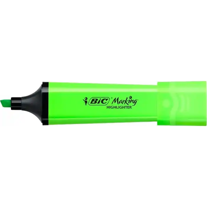 BIC Marking Flat Higlighter Fosforlu Kalem 12li Kutu, Yeşil Fosforlu Kalem, Su Bazlı, Hızlı Kuruyan Mürekkep