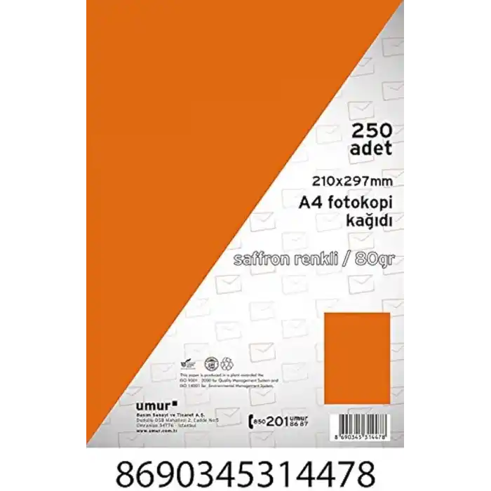 Umur A4 Renkli Fotokopi Kağıdı, Saffron, 250 Yaprak