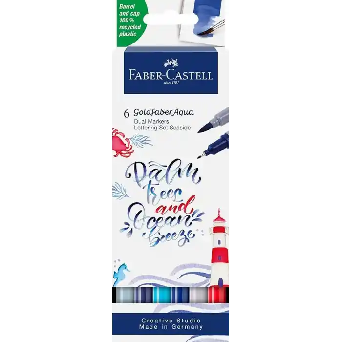 Faber-Castell Goldfaber Aqua Çift Uç Markör Kaligrafi 6’lı Seaside, Fırça ve Fineliner, Solmaya Dayanıklı Mürekkep, Çevre Dostu