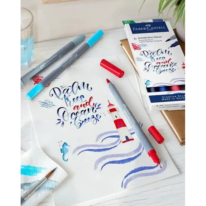 Faber-Castell Goldfaber Aqua Çift Uç Markör Kaligrafi 6’lı Seaside, Fırça ve Fineliner, Solmaya Dayanıklı Mürekkep, Çevre Dostu