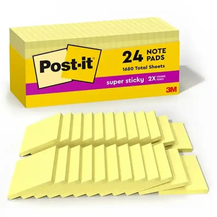 Post-it Süper Yapışkan Notlar, 2x Yapıştırma Gücü, 3x3 inç, Kanarya Sarı, 24-Pedler/Dolap Paketi (654-24SSCP)