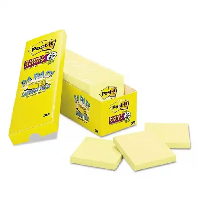 Post-it Süper Yapışkan Notlar, 2x Yapıştırma Gücü, 3x3 inç, Kanarya Sarı, 24-Pedler/Dolap Paketi (654-24SSCP)
