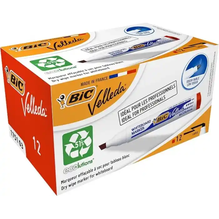 BIC Velleda 1751 Eco Kesik Uçlu Beyaz Tahta Kalemi, Kırmızı, 12li Kutu, 3,7 mm ile 5,5 mm Kalın Uç,Kuru Silinebilir Mürekkep