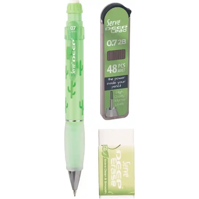 Serve Doğa Desenli Deep Kalem, Deep Silgi ve Deep Min, 0.7 mm, Elma Yeşili