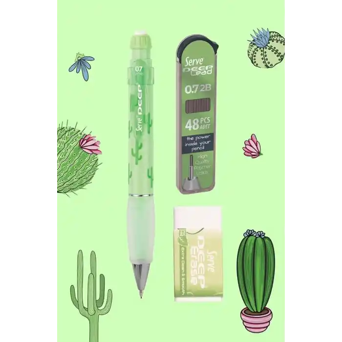 Serve Doğa Desenli Deep Kalem, Deep Silgi ve Deep Min, 0.7 mm, Elma Yeşili