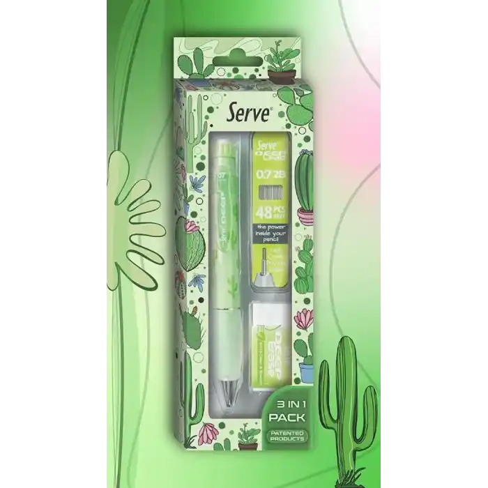 Serve Doğa Desenli Deep Kalem, Deep Silgi ve Deep Min, 0.7 mm, Elma Yeşili