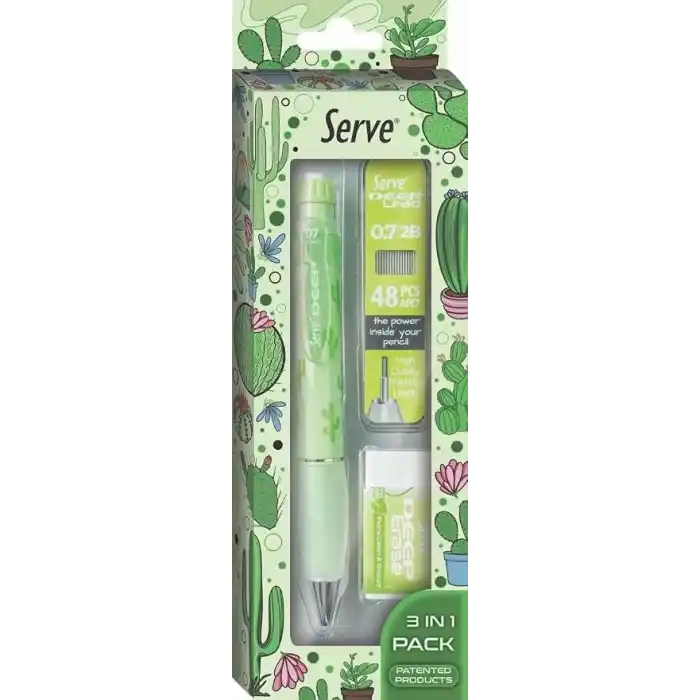 Serve Doğa Desenli Deep Kalem, Deep Silgi ve Deep Min, 0.7 mm, Elma Yeşili
