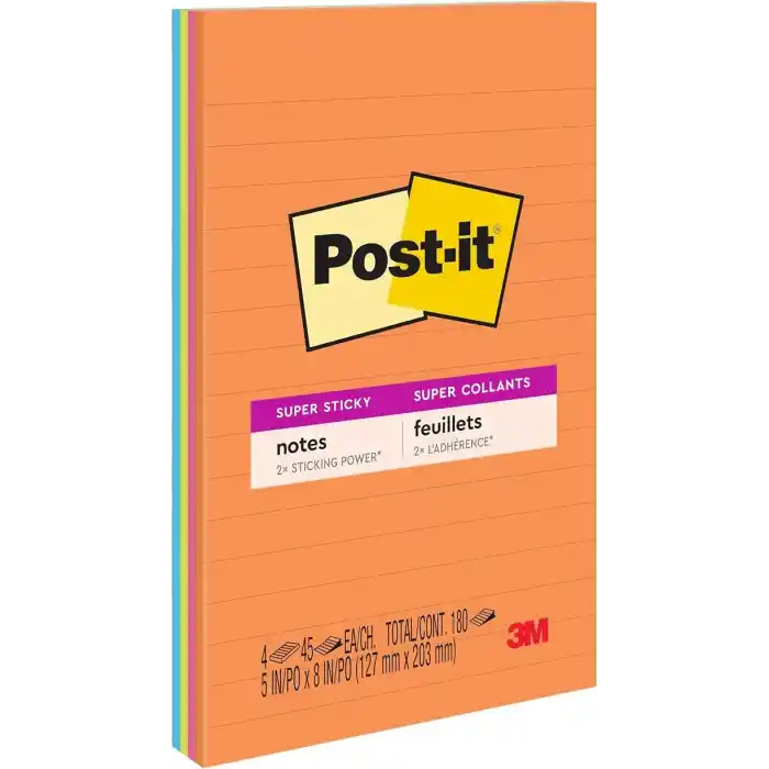 Post-it Süper Yapışkan Çizgili Notlar, 4 Yapışkan Not Defteri, 12,7 x 20,32 cm, Yurdunuzda, Evinizde veya Ofisinizde Organizasyon için İdeal, Energy Boost Koleksiyonu