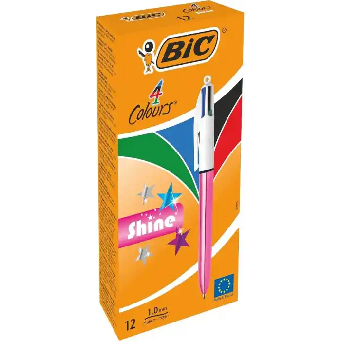 BIC 4 Colours Shine Pembe Gövde Tükenmez Kalem 12li Kutu, 4 Renk (Mavi, Siyah,Yeşil ve Kırmızı), 1.0 mm. Uç