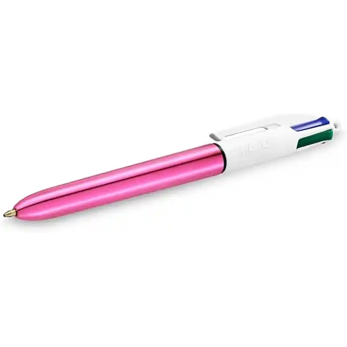 BIC 4 Colours Shine Pembe Gövde Tükenmez Kalem 12li Kutu, 4 Renk (Mavi, Siyah,Yeşil ve Kırmızı), 1.0 mm. Uç