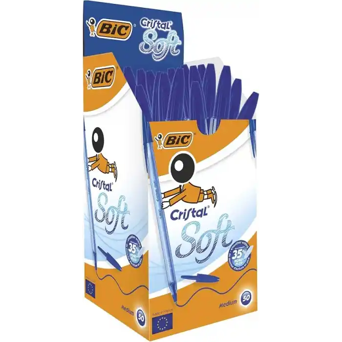 BIC Cristal Soft Tükenmez Kalem, Mavi, 50li Kutu, 1.2 mm Orta Kalınlıkta Uç, Şeffaf Gövde, Delikli Kapak