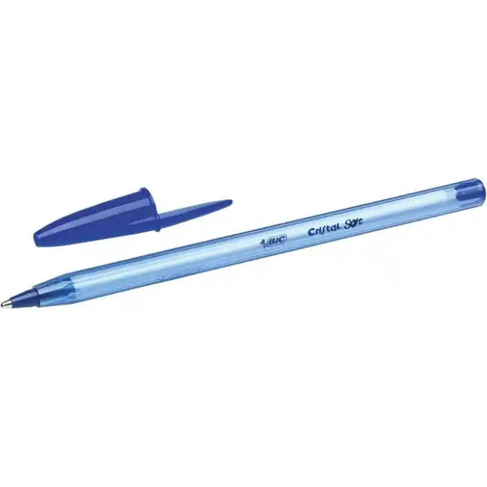 BIC Cristal Soft Tükenmez Kalem, Mavi, 50li Kutu, 1.2 mm Orta Kalınlıkta Uç, Şeffaf Gövde, Delikli Kapak