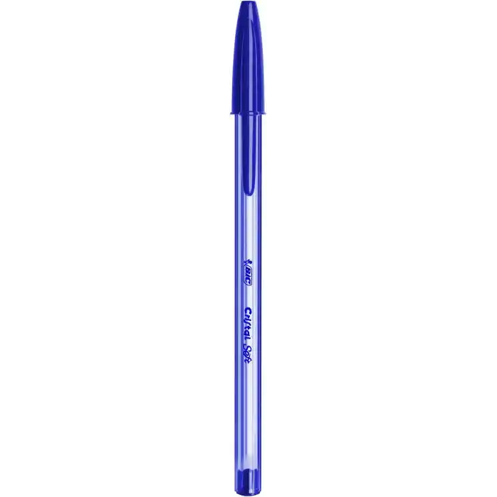 BIC Cristal Soft Tükenmez Kalem, Mavi, 50li Kutu, 1.2 mm Orta Kalınlıkta Uç, Şeffaf Gövde, Delikli Kapak