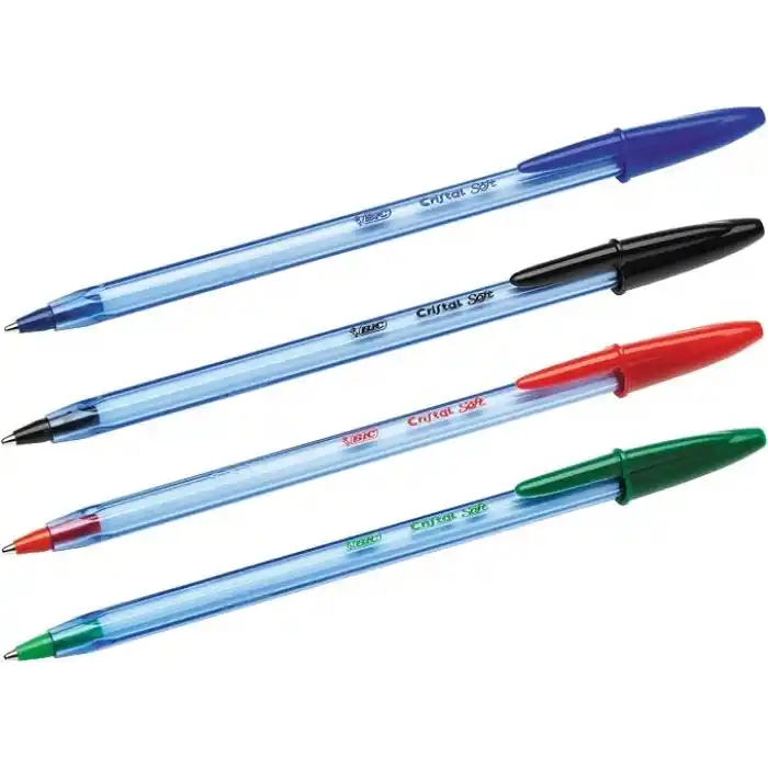 BIC Cristal Soft Tükenmez Kalem, Mavi, 50li Kutu, 1.2 mm Orta Kalınlıkta Uç, Şeffaf Gövde, Delikli Kapak