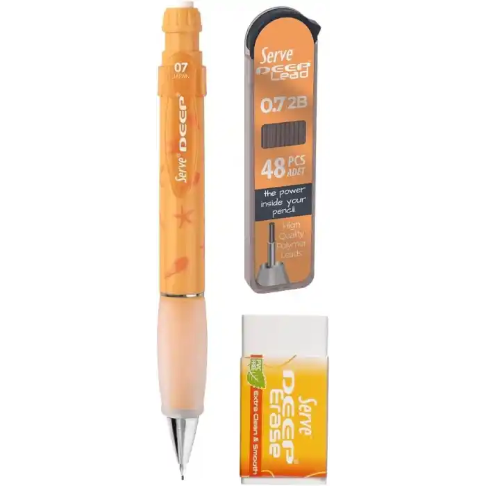 Serve Doğa Desenli Deep Kalem, Deep Silgi ve Deep Min, 0.7 mm, Hardal Sarısı