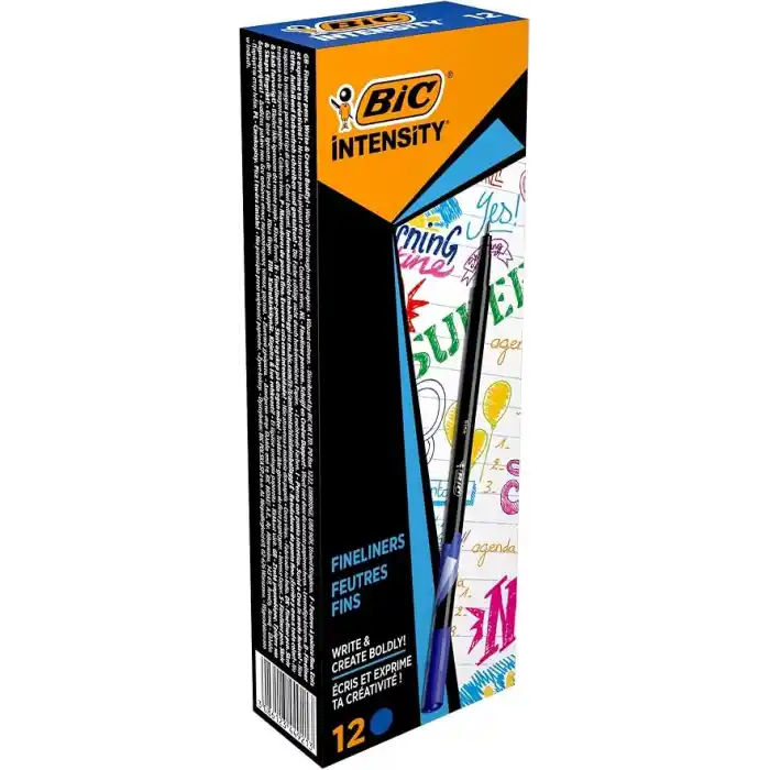 BIC Intensity Fine Liner İnce Uçlu Mavi Keçeli Kalem 12li Kutu, 0.4 mm İnce Kalınlıkta Uç, Su Bazlı Mürekkep
