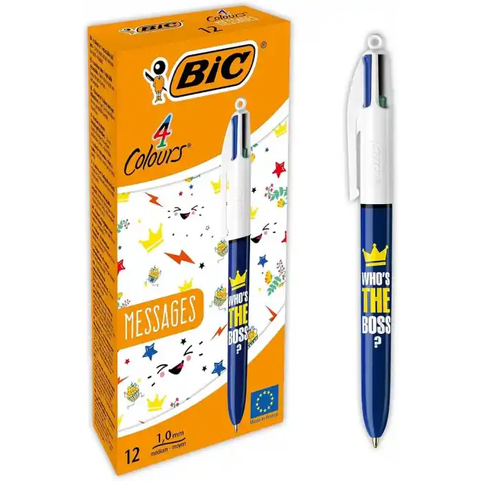 BIC 4 Colours Message Tükenmez Kalem 12Li Kutu, 1.0mm Uç, Tek Kalemde Mavi, Kırmızı, Yeşil ve Siyah Renkler
