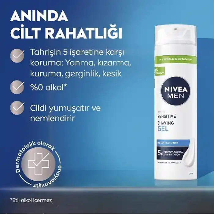 NIVEA MEN Erkek Hassas Tıraş Jeli 200 ml,Tahrişe ve Yanmaya Karşı Koruma,Alkolsüz Formül,Hassas Ciltlere Özel