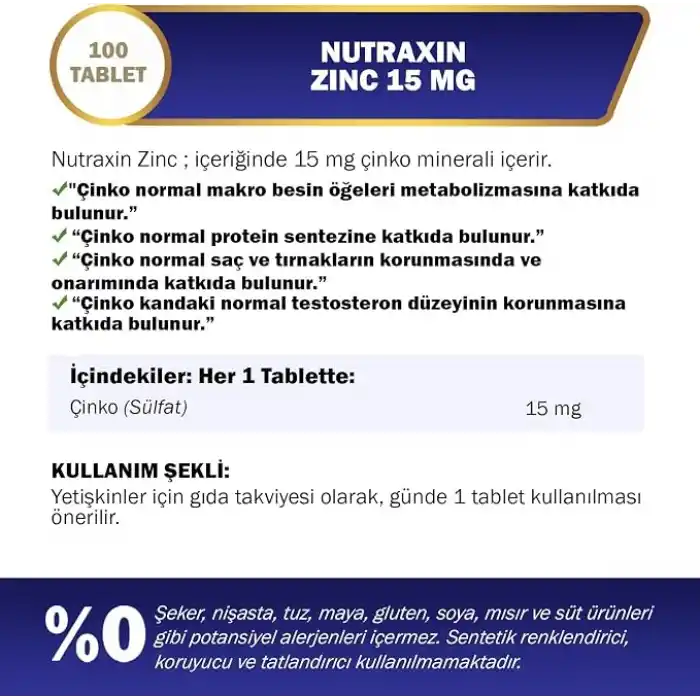 Nutraxin Vitals Zinc 15 mg 100 Tablet Takviye Edici Gıda