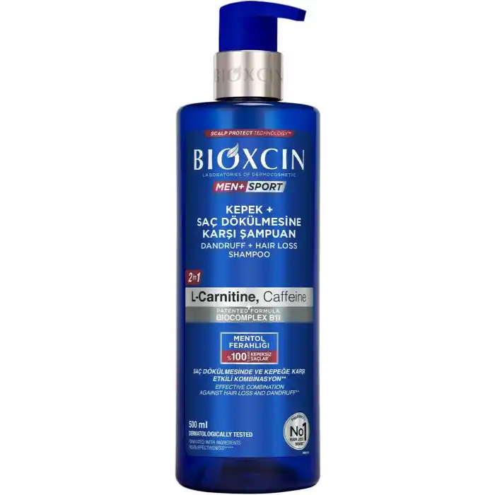 Bioxcin Men+ Sport Kepek + Saç Dökülmesine Karşı Şampuan | L-Carnitine, Kafein, BioComplex B11 | 500 ml | Tüm Saç Tipleri İçin