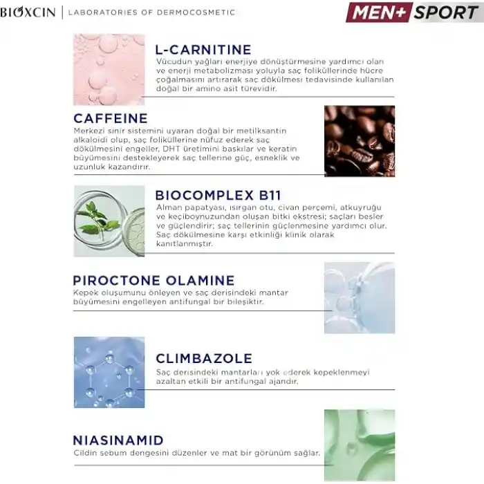 Bioxcin Men+ Sport Kepek + Saç Dökülmesine Karşı Şampuan | L-Carnitine, Kafein, BioComplex B11 | 500 ml | Tüm Saç Tipleri İçin