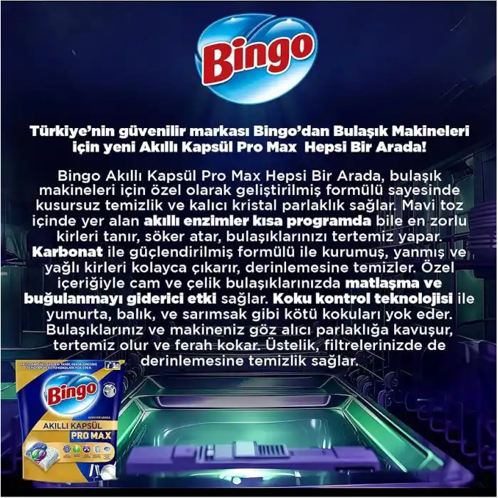 Bingo Akıllı Kapsül Pro Max Bulaşık Makinesi Deterjanı Tableti 60lı