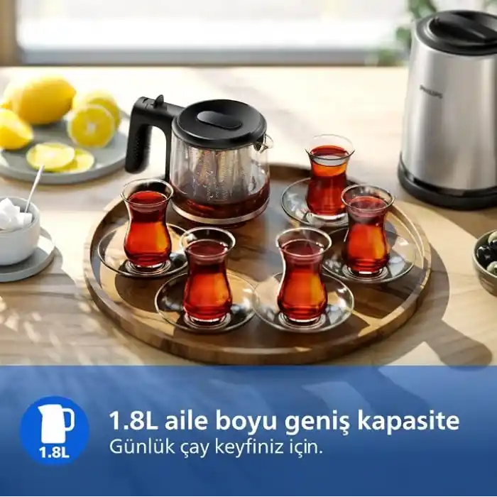 Otomatik Sıcak Tutma, 0.9L Cam Demlik, 1900W Güç, Paslanmaz Çelik Demlik, 1.8L Geniş Kapasiteli Dayanıklı Inox Taban (HD7350/00)