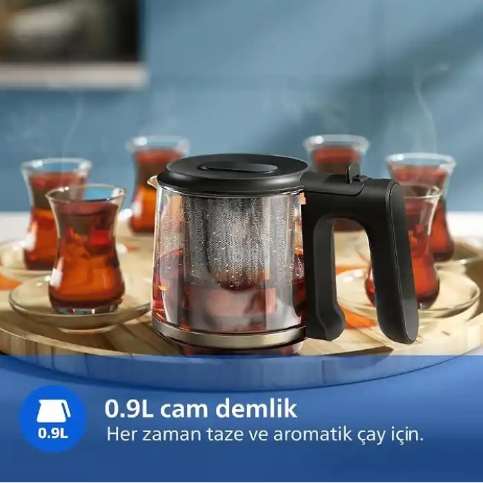 Otomatik Sıcak Tutma, 0.9L Cam Demlik, 1900W Güç, Paslanmaz Çelik Demlik, 1.8L Geniş Kapasiteli Dayanıklı Inox Taban (HD7350/00)