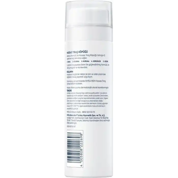 NIVEA MEN Erkek Hassas Tıraş Köpüğü 200 ml, Hassas Ciltlere Özel Hızlı Koruma, Yanma Karşıtı, Alkolsüz Formül