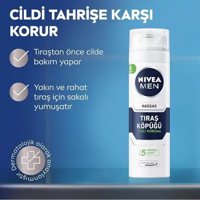 NIVEA MEN Erkek Hassas Tıraş Köpüğü 200 ml, Hassas Ciltlere Özel Hızlı Koruma, Yanma Karşıtı, Alkolsüz Formül