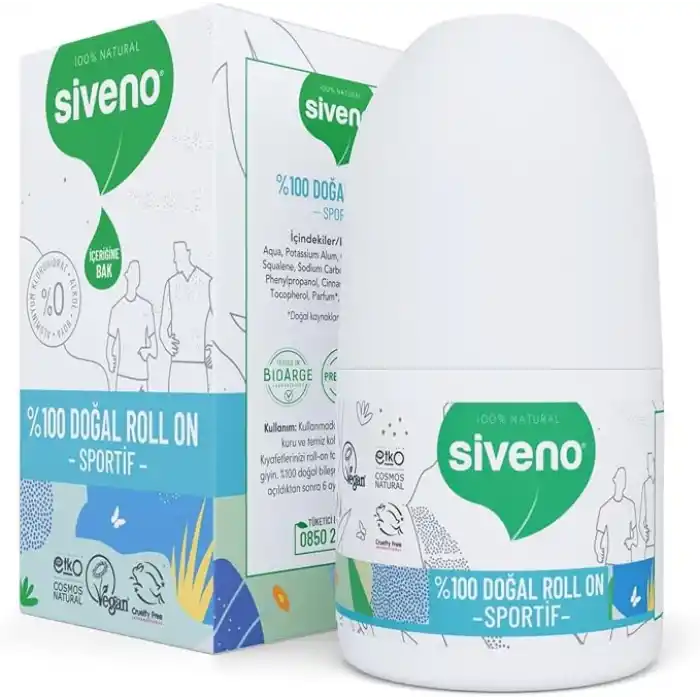 Siveno %100 Doğal Roll-On Sportif Sporcu Deodorant Ter Kokusu Önleyici Bitkisel Lekesiz Vegan 50 ml