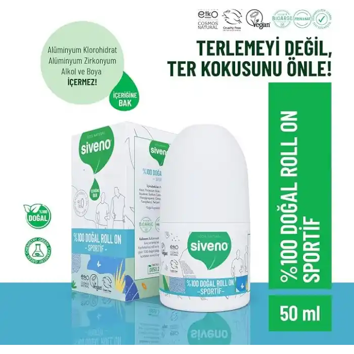 Siveno %100 Doğal Roll-On Sportif Sporcu Deodorant Ter Kokusu Önleyici Bitkisel Lekesiz Vegan 50 ml