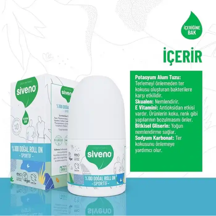 Siveno %100 Doğal Roll-On Sportif Sporcu Deodorant Ter Kokusu Önleyici Bitkisel Lekesiz Vegan 50 ml