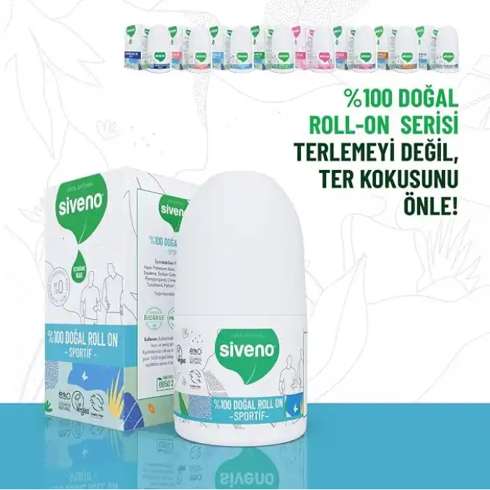 Siveno %100 Doğal Roll-On Sportif Sporcu Deodorant Ter Kokusu Önleyici Bitkisel Lekesiz Vegan 50 ml